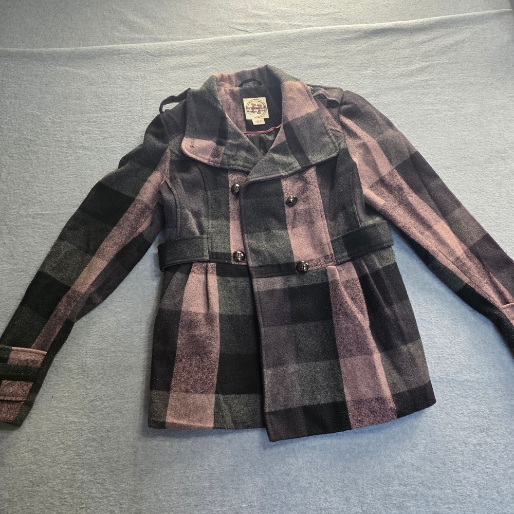 Hydraulic Womens Purple Black Plaid Wool Blend Pea Coat Jacket Large‎